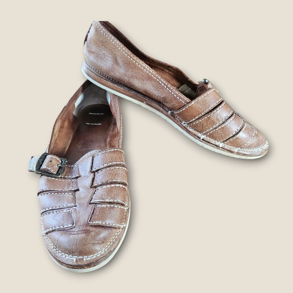 Frye Milly Brown Leather Fisherman Woven Slip On Casual‎ Loafer Shoes Size 6.5M